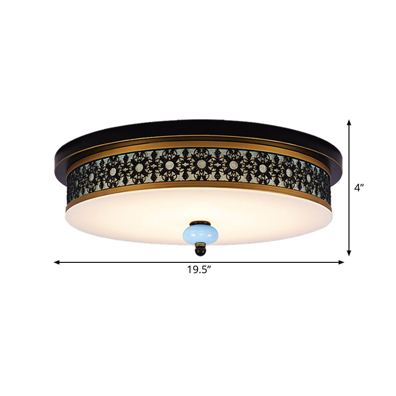 16" - 19.5" W LED Flush Mount Ceiling Light Fixture | Black-Gold | Opal Glass Drum | Dining Hall