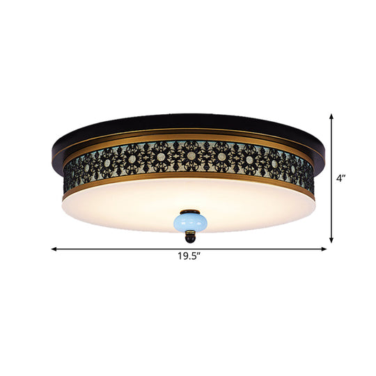 16 - 19.5 W Led Flush Mount Ceiling Light Fixture | Black-Gold Opal Glass Drum Dining Hall