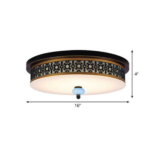 16" - 19.5" W LED Flush Mount Ceiling Light Fixture | Black-Gold | Opal Glass Drum | Dining Hall