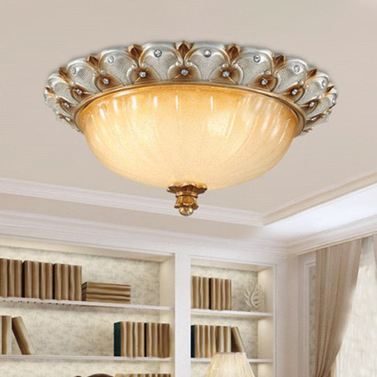 Farmhouse Ribbed Glass Ceiling Light: Domed Design, 3 Bulbs, Beige Flush Mount