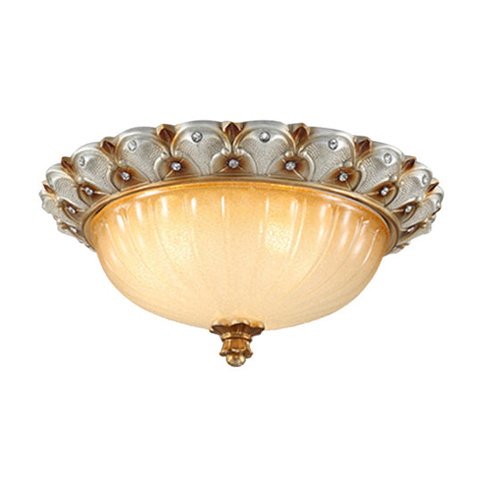 Farmhouse Ribbed Glass Ceiling Light: Domed Design, 3 Bulbs, Beige Flush Mount