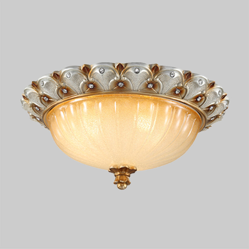 Farmhouse Ribbed Glass Ceiling Light: Domed Design, 3 Bulbs, Beige Flush Mount