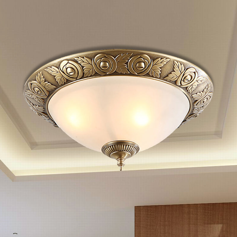 Antiqued Milky Glass Bedroom Ceiling Light With Brass Flush Mount - 2/3-Head Available In 12 16 And