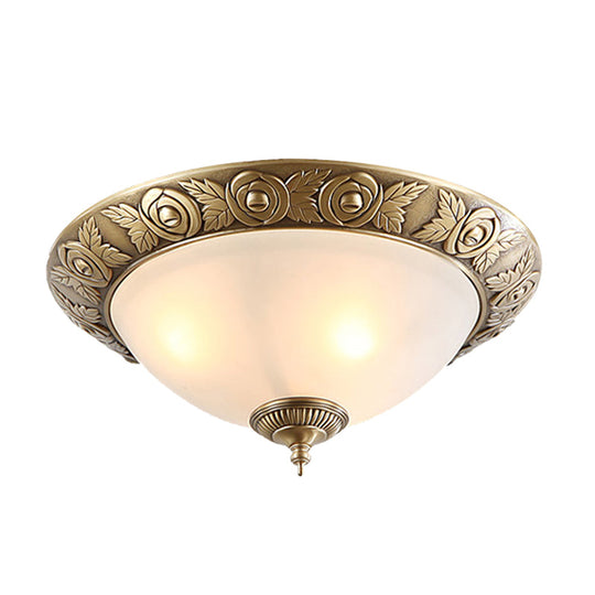 Antiqued Milky Glass Bedroom Ceiling Light With Brass Flush Mount - 2/3-Head Available In 12 16 And