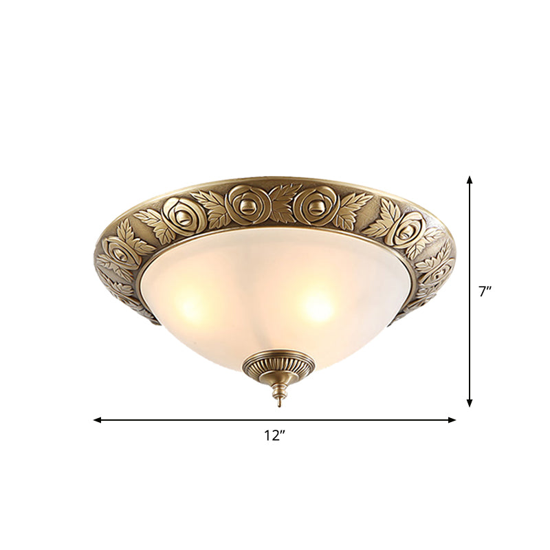 Antiqued Milky Glass Bedroom Ceiling Light with Brass Flush Mount - 2/3-Head - Available in 12", 16", and 19" Widths