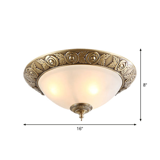 Antiqued Milky Glass Bedroom Ceiling Light With Brass Flush Mount - 2/3-Head Available In 12 16 And