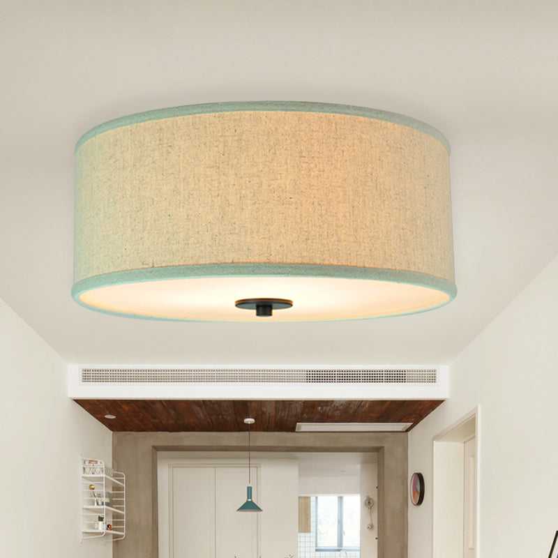 Modern Drum Shade Flush Mount Light with 5 Bulbs, 16"/19.5" Wide, Grey/White with Green Rim - Bedroom Ceiling Fixture