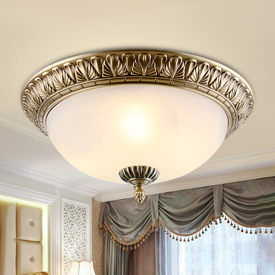 Retro Style White Glass Brass Ceiling Fixture With Dome Design - 2/3-Light Flush Mount Lighting In