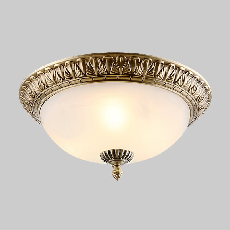 Retro Style White Glass Brass Ceiling Fixture with Dome Design - 2/3-Light Flush Mount Lighting in 12"/16"/19.5" Width