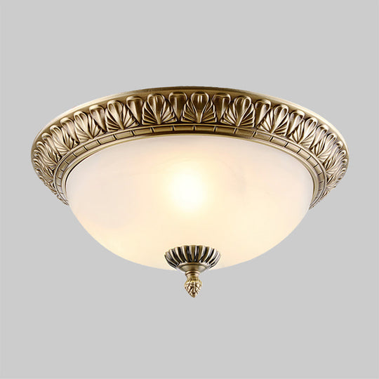 Retro Style White Glass Brass Ceiling Fixture With Dome Design - 2/3-Light Flush Mount Lighting In