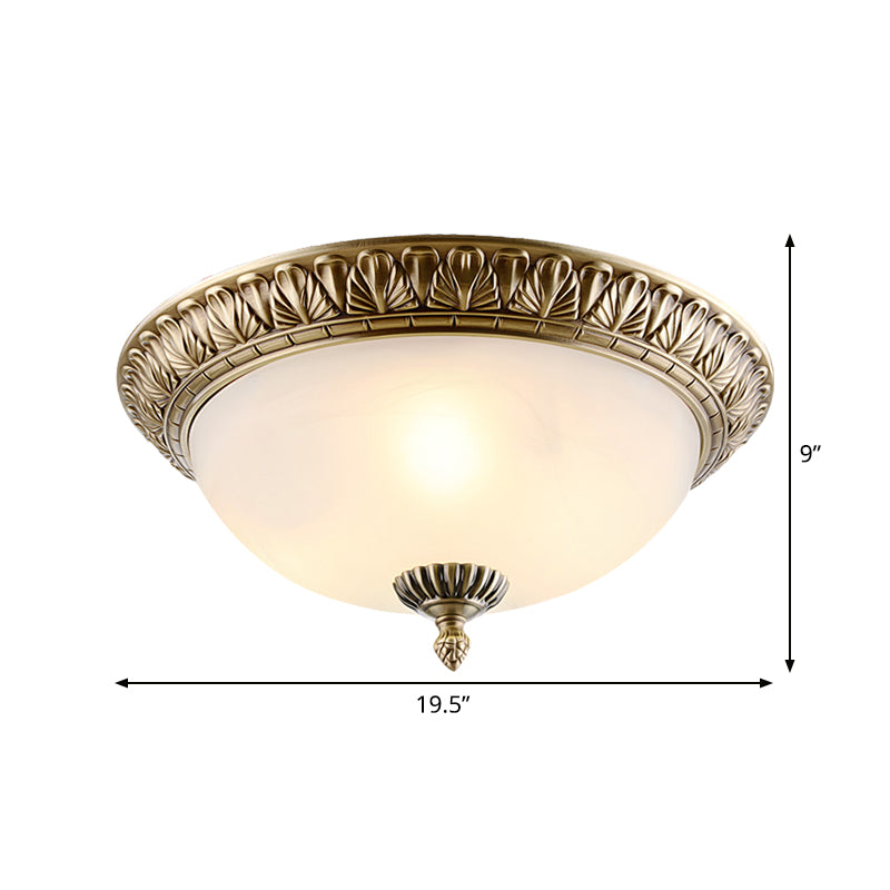 Retro Style White Glass Brass Ceiling Fixture With Dome Design - 2/3-Light Flush Mount Lighting In