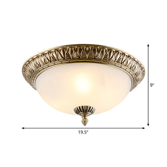 Retro Style White Glass Brass Ceiling Fixture With Dome Design - 2/3-Light Flush Mount Lighting In