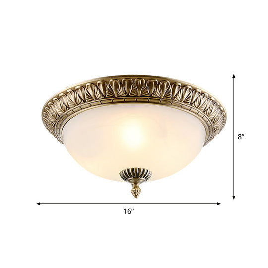 Retro Style White Glass Brass Ceiling Fixture with Dome Design - 2/3-Light Flush Mount Lighting in 12"/16"/19.5" Width