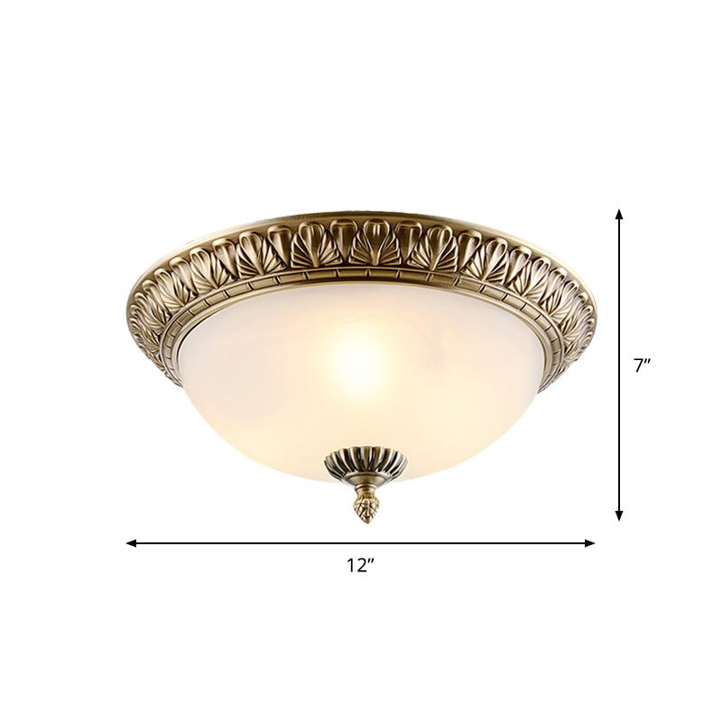 Retro Style White Glass Brass Ceiling Fixture With Dome Design - 2/3-Light Flush Mount Lighting In