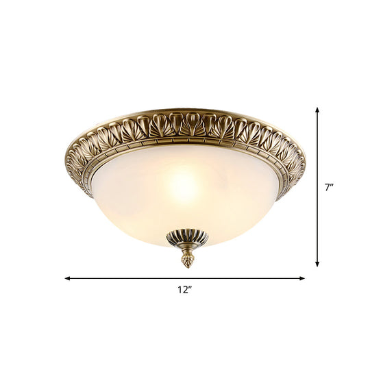 Retro Style White Glass Brass Ceiling Fixture With Dome Design - 2/3-Light Flush Mount Lighting In