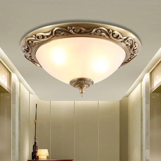 Opaline Glass Brass Flush Ceiling Light - Traditional Bedroom Lighting (12"/16"/19.5", 2/3 Heads)