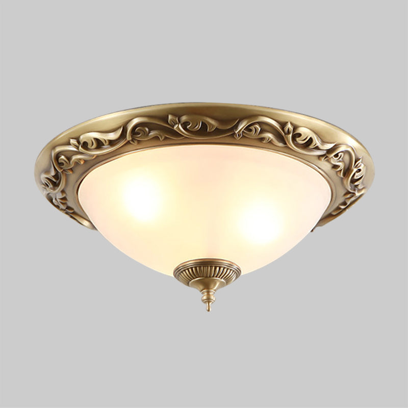 Opaline Glass Brass Flush Ceiling Light - Traditional Bedroom Lighting (12"/16"/19.5", 2/3 Heads)