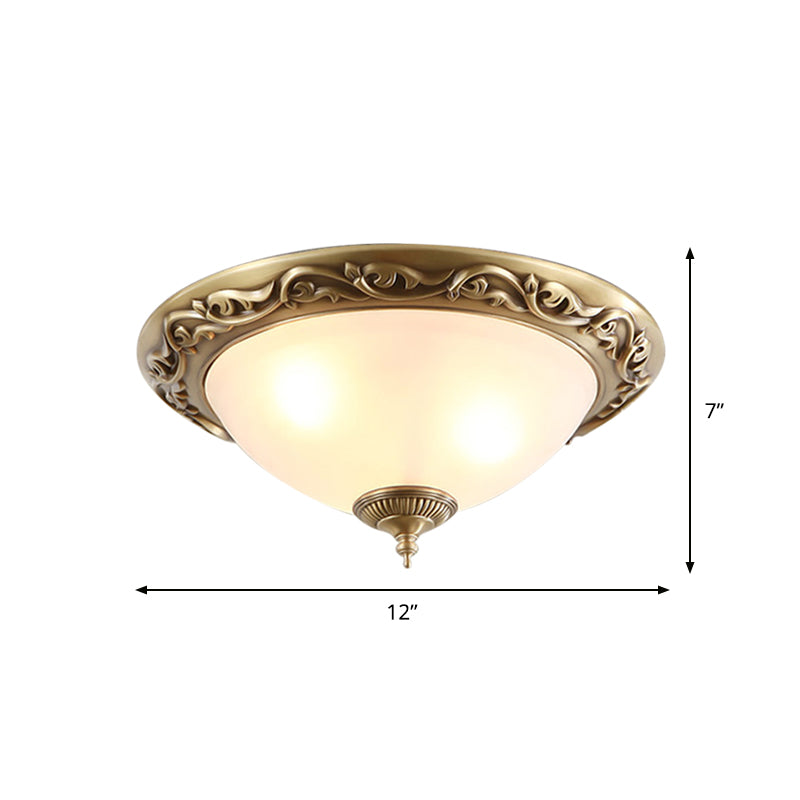 Opaline Glass Brass Flush Ceiling Light - Traditional Bedroom Lighting (12"/16"/19.5", 2/3 Heads)