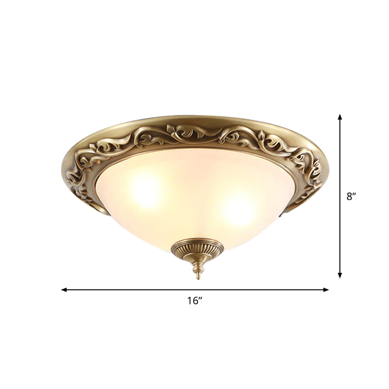 Opaline Glass Brass Flush Ceiling Light - Traditional Bedroom Lighting (12"/16"/19.5", 2/3 Heads)