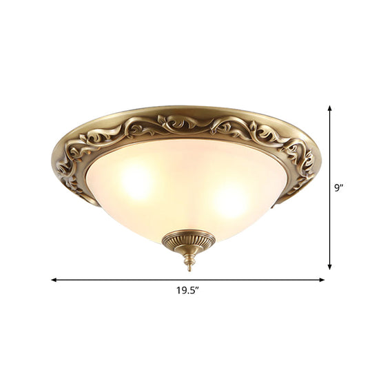 Opaline Glass Brass Flush Ceiling Light - Traditional Bedroom Lighting (12"/16"/19.5", 2/3 Heads)