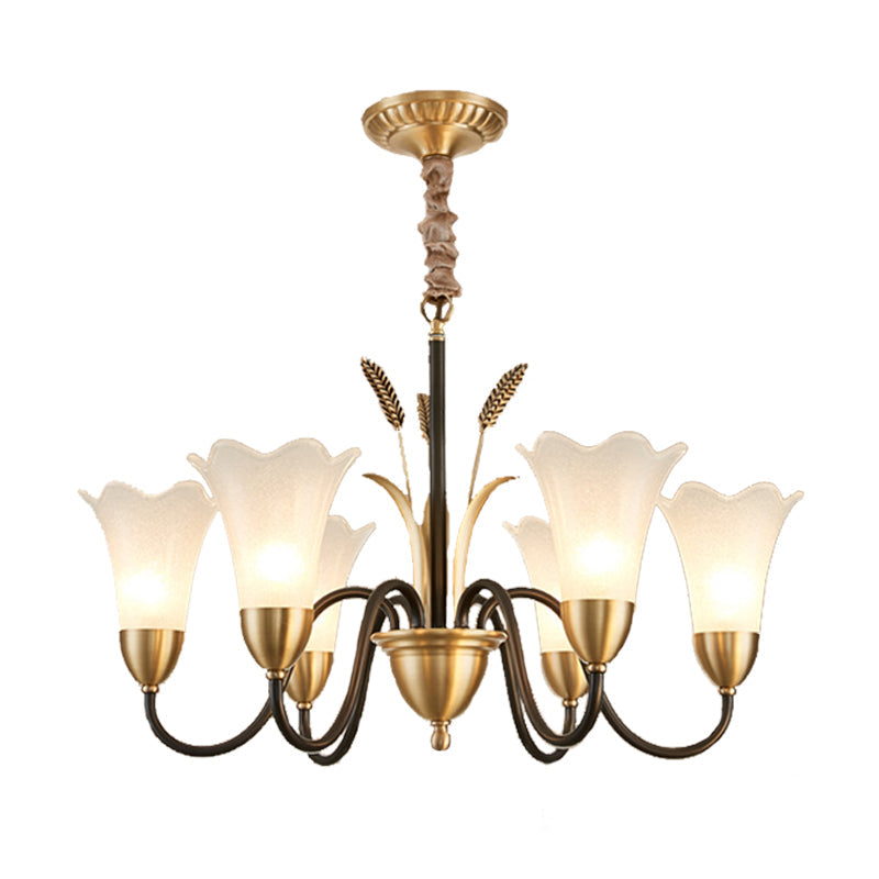 Country Style Mini Flower Pendulum Chandelier With Frosted Glass And Scroll Arm In Black/Gold - 6/8