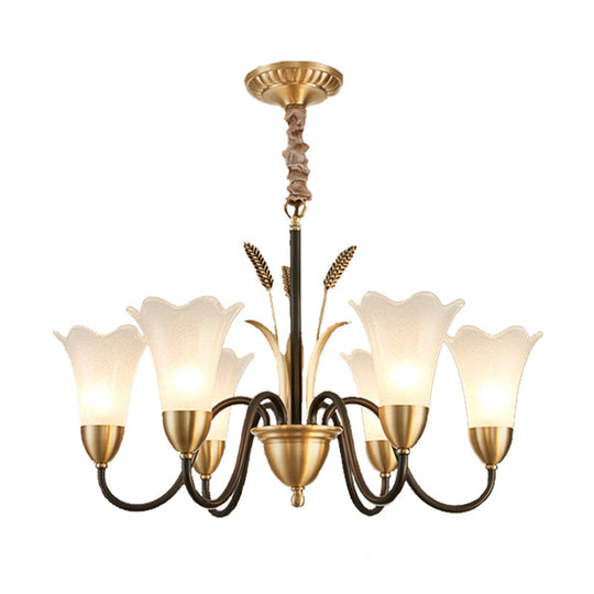 Country Style Mini Flower Pendulum Chandelier With Frosted Glass And Scroll Arm In Black/Gold - 6/8