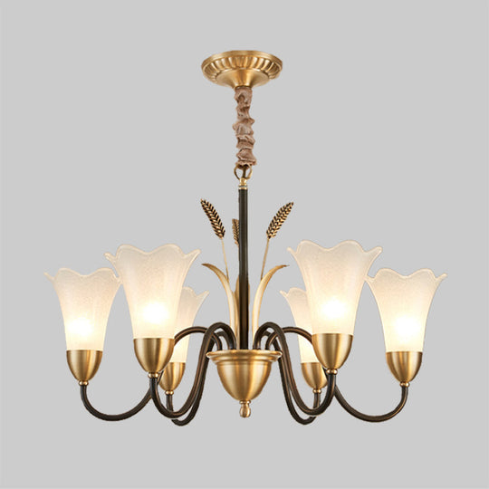 Country Style Mini Flower Pendulum Chandelier With Frosted Glass And Scroll Arm In Black/Gold - 6/8