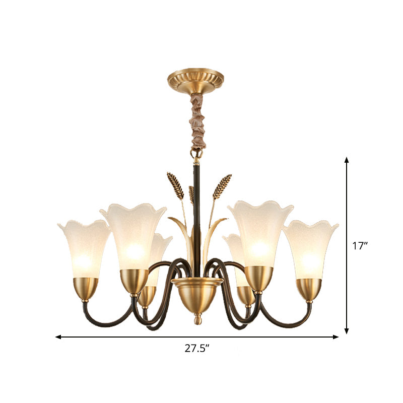 Country Style Mini Flower Pendulum Chandelier With Frosted Glass And Scroll Arm In Black/Gold - 6/8