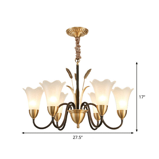 Country Style Mini Flower Pendulum Chandelier With Frosted Glass And Scroll Arm In Black/Gold - 6/8