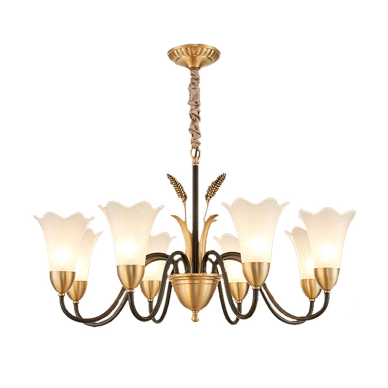 Country Style Mini Flower Pendulum Chandelier With Frosted Glass And Scroll Arm In Black/Gold - 6/8