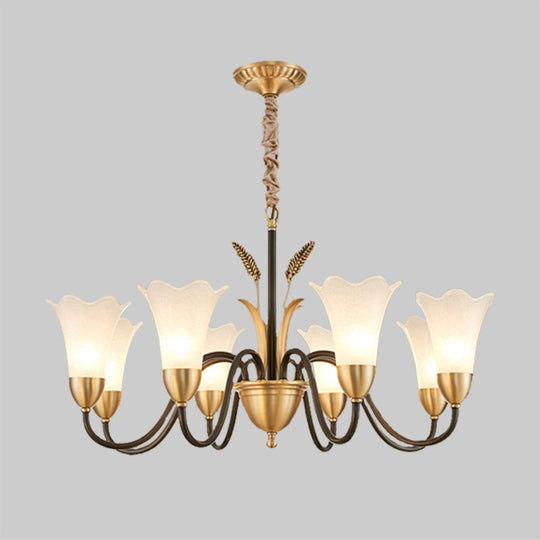 Country Style Mini Flower Pendulum Chandelier With Frosted Glass And Scroll Arm In Black/Gold - 6/8