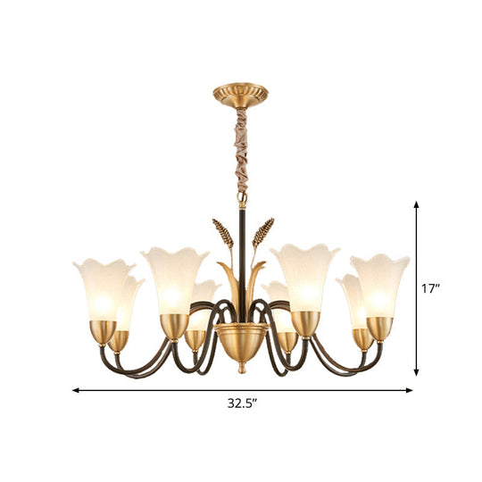 Country Style Mini Flower Pendulum Chandelier With Frosted Glass And Scroll Arm In Black/Gold - 6/8