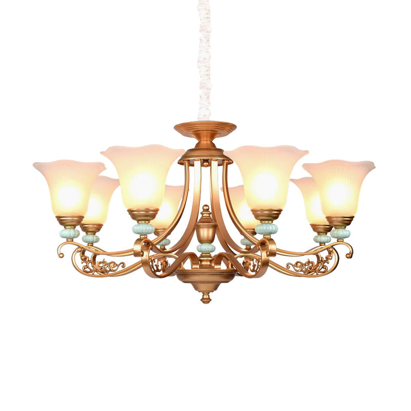 Rustic Style Gold Milky Glass Ceiling Chandelier With Suspended Lighting Pendant - 3/6/8 Heads