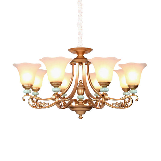 Rustic Style Gold Milky Glass Ceiling Chandelier With Suspended Lighting Pendant - 3/6/8 Heads