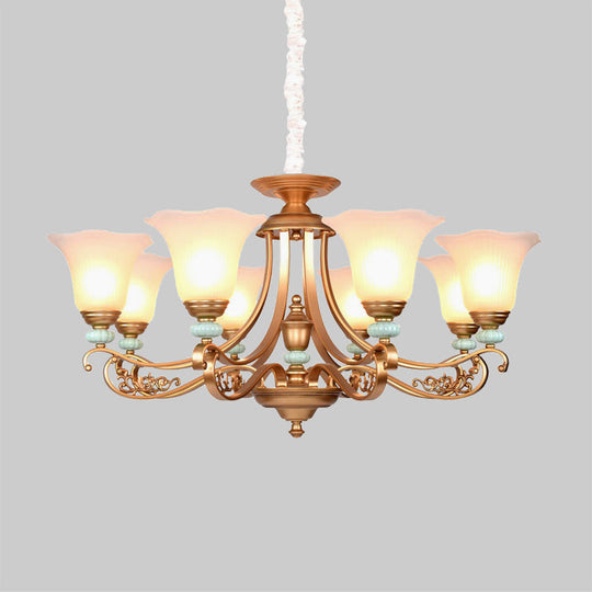 Rustic Style Gold Milky Glass Ceiling Chandelier With Suspended Lighting Pendant - 3/6/8 Heads