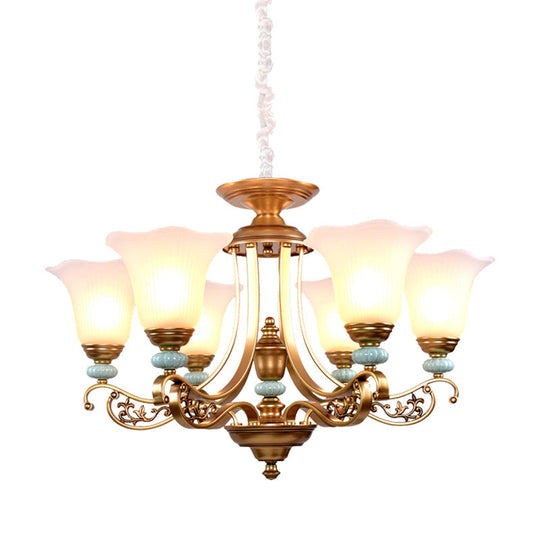 Rustic Style Gold Milky Glass Ceiling Chandelier With Suspended Lighting Pendant - 3/6/8 Heads