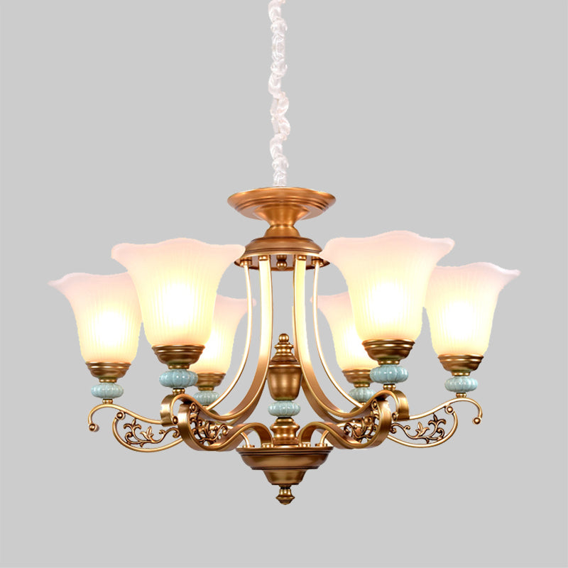 Rustic Style Gold Milky Glass Ceiling Chandelier With Suspended Lighting Pendant - 3/6/8 Heads