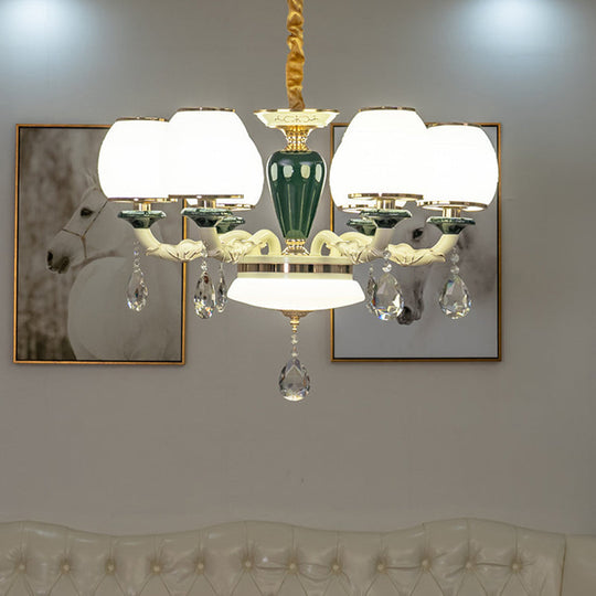 6-Light Traditional Ceiling Chandelier With White Glass Shade For Living Room