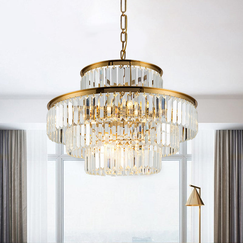 Postmodern 3-Layer Clear Crystal Chandelier - 23.5/31.5 Wide 9-Light Pendant Light For Dining Room /