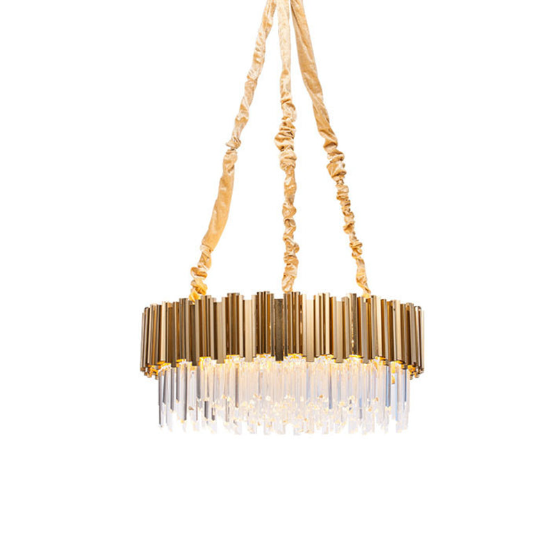 Gold Drum Shaped Crystal Icicles Pendant Chandelier, 10/15-Bulb Postmodern Hanging Light, 21.5"/28" Dia