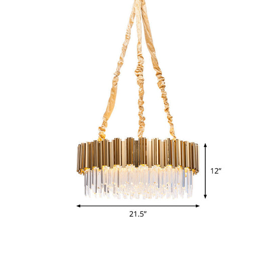 Gold Drum Shaped Crystal Icicles Pendant Chandelier, 10/15-Bulb Postmodern Hanging Light, 21.5"/28" Dia