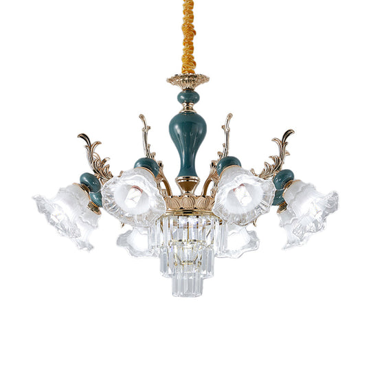 Traditional Blue Floral Crystal Chandelier Suspension Lamp with 6/8 Heads