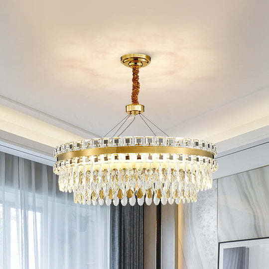 Crystal Led Chandelier- Modernist Gold Hanging Light Fixture 2-Tier 18/23.5 Width / 18