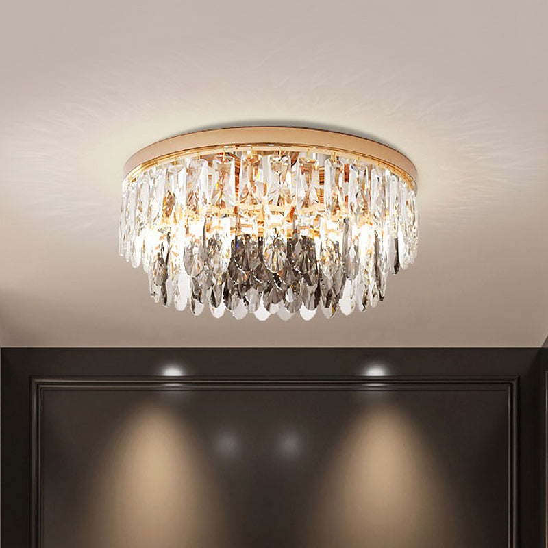 Clear Crystal Drum Flush Light - Contemporary Hotel Ceiling Fixture (3/4-Light, 11"/16" Width)