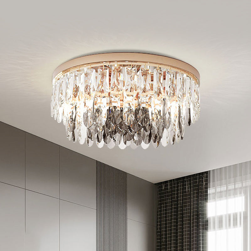 Clear Crystal Drum Flush Light - Contemporary Hotel Ceiling Fixture (3/4-Light, 11"/16" Width)