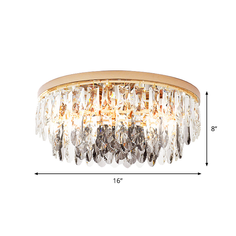 Clear Crystal Drum Flush Light - Contemporary Hotel Ceiling Fixture (3/4-Light 11/16 Width)