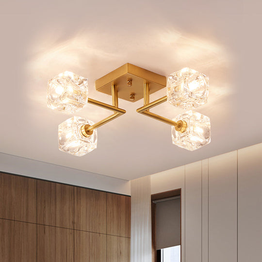 Gold Branching Crystal Ceiling Light - Postmodern Semi-Mount for Bedroom (4/6-Head)