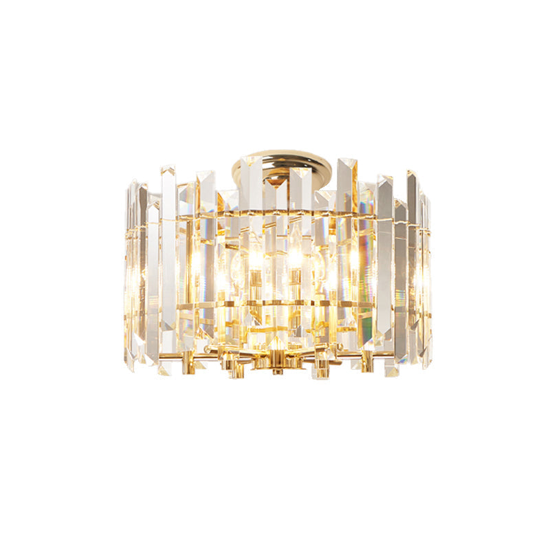 6-Light Prismatic Crystal Semi Flush Mount Gold Drum Ceiling Lamp - Modern Foyer Lighting