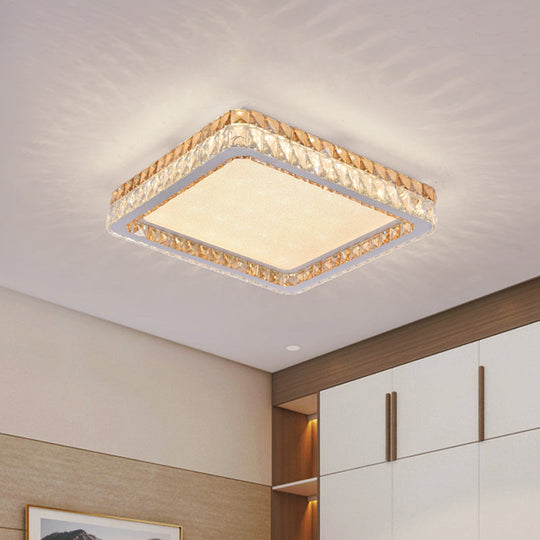 Minimalist Square Flush Mount with Clear and Gold Crystal Encrusted LEDs in White