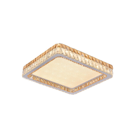 Minimalist Square Flush Mount with Clear and Gold Crystal Encrusted LEDs in White